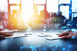 © alphaspirit - Network background concept with business people silhouette joining puzzle pieces in the office. Double exposure and network effects