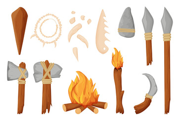 Stone age, barbarian tools, weapon, fireplace and necklace from bones in cartoon style isolated on white background. Knife, axe and arrow from sharpen rock, wooden cub. Archaeology concept.