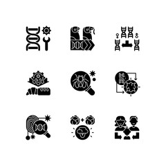 Sticker - Genetics black glyph icons set on white space. Genetic engineering. Chromosome division. Selective breeding. Industrial biotechnology. Silhouette symbols. Vector isolated illustration