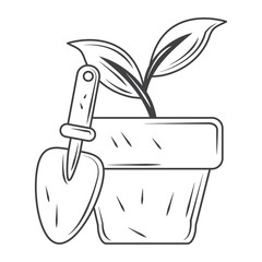 Poster - potted plant and shovel tool gardening, sketch style design vector