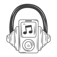 Sticker - listen music mp3 and headphones, sketch style design vector