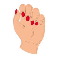 Sticker - manicure, female showing hand nails of red color in cartoon style