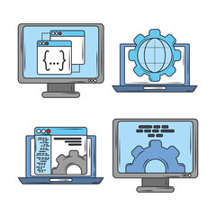 web development digital software programming and coding, laptop computer screens icons