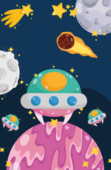 Poster - space ufo planet moon comet shooting stars cosmos cartoon