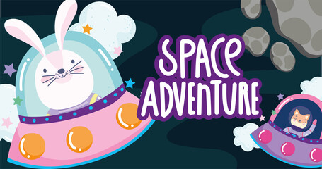 space astronaut rabbit cat in spaceship adventure explore cartoon