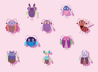 Canvas Print - funny Bugs insect animal with wings cartoon icons set