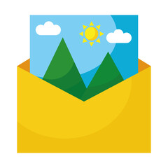 Canvas Print - picture with mountains and sun scene in envelope flat style icon vector illustration design