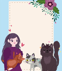 Sticker - woman with pet cats flowers decoration cartoon, greeting card template