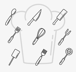 Poster - bundle of nine kitchen utensils line style icons vector illustration design