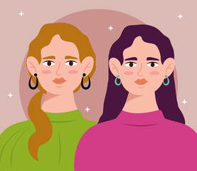 Sticker - young women couple with long hair avatars characters vector illustration design