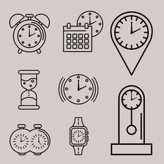 Sticker - bundle of nine time set line style icons vector illustration design