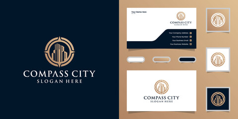 Wall Mural - building logo and compass with gold color design template and business card