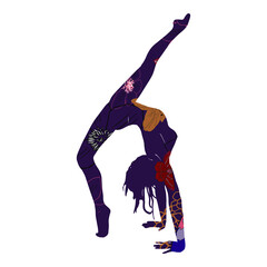 Illustration of flexible sports girl in purple color. Element of stretching, blank for designers, logo, icon of sports stores, studios