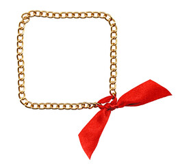 Wall Mural - frame from gold chainlet with red ribbon isolated on white background. accessories for sewing and sc