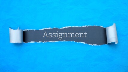 Wall Mural - Assignment. Blue torn paper banner with text label. Word in gray hole.