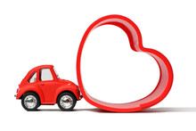 Red Toy Car With Red Heart On White Isolated Background. Valentine's Day. Copy Space