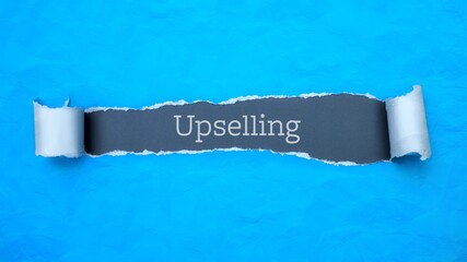 Wall Mural - Upselling. Blue torn paper banner with text label. Word in gray hole.