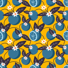 Wall Mural - vector seamless pattern with hand drawn repeating blue oranges on yellow background. bright flat illustration for printing on fabric, clothing, wrapping paper. background for websites and applications
