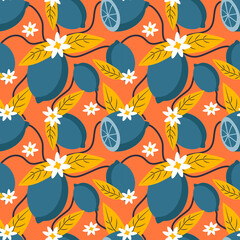 Wall Mural - vector seamless pattern with hand drawn  repeating blue lemons on a red background. bright flat illustration for printing on fabric, clothing, wrapping paper. background for websites and applications