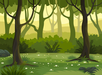 Wall Mural - Glade in the forest at summer morning. Summer fantasy forest landscape, vector illustration. 