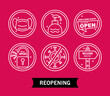 © Gstudio - bundle of six reopening labels set line style icons and lettering vector illustration design