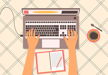Female hands on the keyboard top view. A female freelancer works remotely. The girl makes notes in a notebook is trained on a laptop online. vector illustration in the style of flat. concept