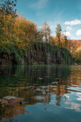 Sticker - Beautiful view of the water surrounding the forest with colorful leaves on the trees on a fall day