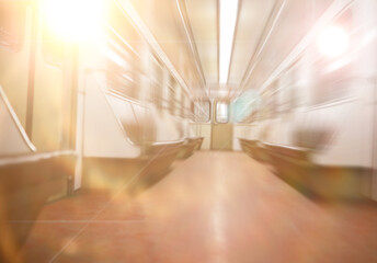 Background. Subway car with empty seats. Empty subway.