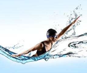 Canvas Print - Young sporty woman swimming in water against light background