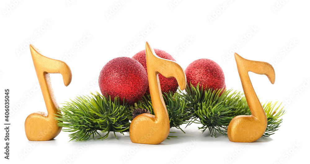 Music notes with Christmas decor isolated on white background