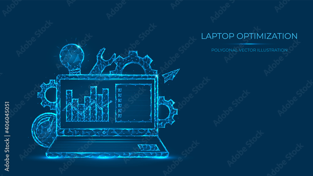 Abstract polygonal vector illustration of laptop optimization. Low poly ...