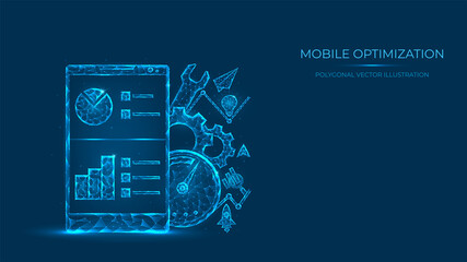 Canvas Print - Abstract polygonal vector illustration of mobile optimization. Low poly concept of mobile phone made of lines and dots isolated on blue background.