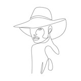 Fototapeta  - Woman in Hat One Line Drawing. Abstract Woman Portrait Minimalist Style. Modern Minimal Trendy Illustration for Cosmetics, Prints.  Continuous Line Art Fashion Minimalist Drawing. Vector