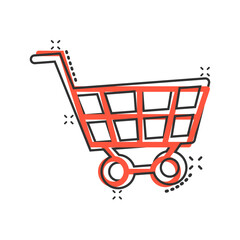 Shopping cart icon in comic style. Trolley cartoon vector illustration on white isolated background. Basket splash effect business concept.