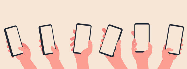 Hand hold a phone with blank screen. Hands interaction on touchscreen device. Online learning and shopping concept.