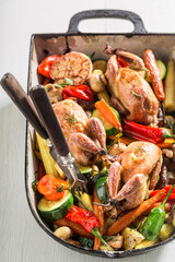 Wall Mural - Tasty roasted quails with vegetables in casserole