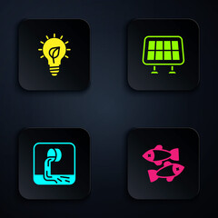 Sticker - Set Dead fish, Light bulb with leaf, Wastewater and Solar energy panel. Black square button. Vector.