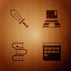 Canvas Print - Set Binary code, Sword for game, Book and Laptop on wooden background. Vector.