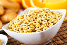 Crunchy Oat Rings With Milk. High Quality Photo.