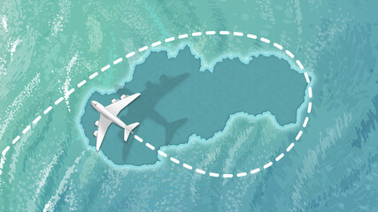 airplane flying on Slovakia Map Travel visit discover Slovakia 8K illustration.