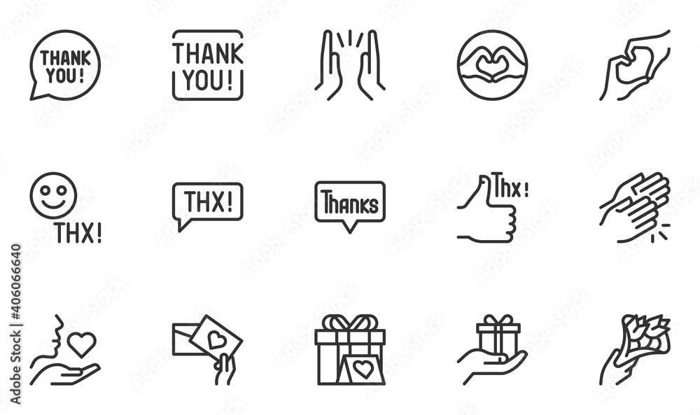 Set of Thanks Vector Line Icons. Thank You, Thankfulness, Gratitude, Appreciation. Thx Speech Bubble. Editable Stroke. 48x48 Pixel Perfect. - obrazy, fototapety, plakaty 