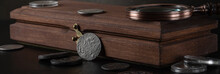 Numismatics. Old Collectible Coins Made Of Silver On A Wooden Table.