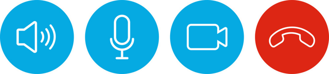 Set of Video call icons. Video conference. Collections buttons of on-line video chat app, internet talk, call technology. Web app ui display template. Videoconferencing and online meeting workspace