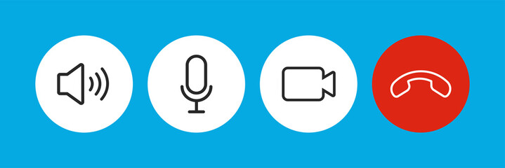 Set of Video call icons. Video conference. Collections buttons of on-line video chat app, internet talk, call technology. Web app ui display template. Videoconferencing and online meeting workspace