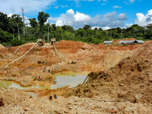 Gold Mining Place In Guyana, Local Indigenous People Clear Workspace From Stones And Check It For Gold Nuggets. Amazon Essequibo Basin Deforestation. Guyana, Brazil, Venezuela Gold Mining Exploration.