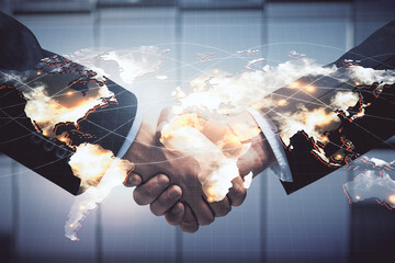Fototapete - Double exposure of business theme hologram and handshake of two men. Success concept.