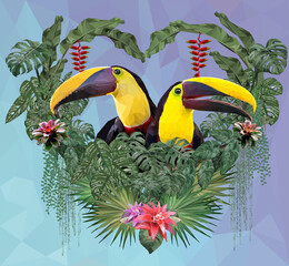 Wall Mural - Polygonal Illustration Toucan bird and Amazon plants.