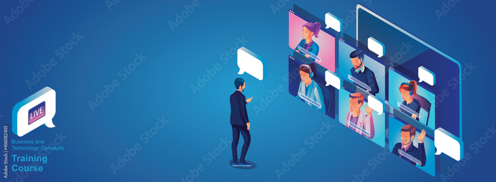 Businessmen use Video conference landing Working People on window screen taking with colleagues. Videoconferencing and online meeting workspace page, man and woman learning Vector illustration, Flat	 - obrazy, fototapety, plakaty 