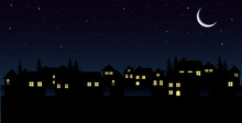 Vector Illustration Of A Night City.Vintage Town At Night.Night Sky With Moon With House Silhouettes.Silhouette Of The City And Night Sky With Stars And Moon.Vector EPS 10.