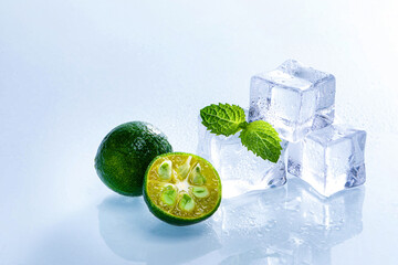 Wall Mural - Selective focus shot of melting ice cubes and limes with mint leaves on a wet surface